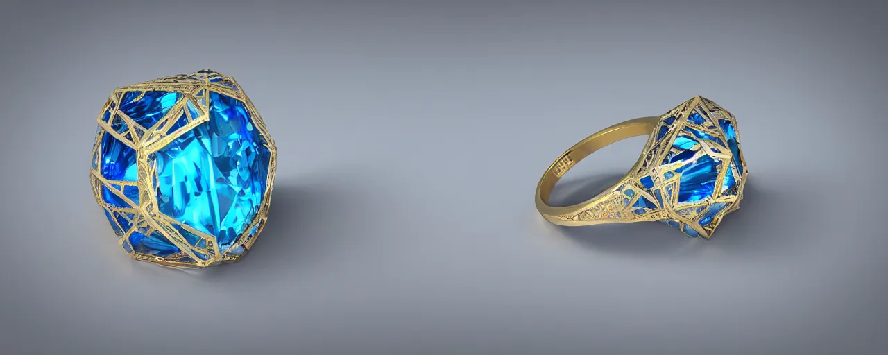 Image similar to simple golden magic crystal ring, radiant cut, ice, blue, gold, smooth shank, crystal, engravings, diamonds, product design, jewelry, colorful, art by gerald brom, greg rutkowski and artgerm, photo realism, unreal engine, c 4 d