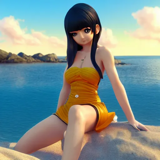 Image similar to Nico Robin, Render of a very beautiful 3d anime girl, long hair, hazel eyes, cute freckles, full round face, short smile, cute sundress, golden hour, serene beach setting, medium shot, mid-shot, highly detailed, trending on Artstation, Unreal Engine 4k