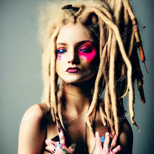 Prompt: astonishingly beautiful woman in tattered clothes revealing body, blonde dreadlocks, make up, vivid colors