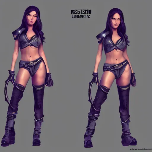 Image similar to character sheet of Megan Fox as a character in the game League of Legends, with a background based on the game League of Legends, 3d render, octane render, iRay, ray tracing, realistic, highly detailed, trending on artstation, 4k, cgsociety, unreal engine 5, redshift render, blender cycles, behance, cg