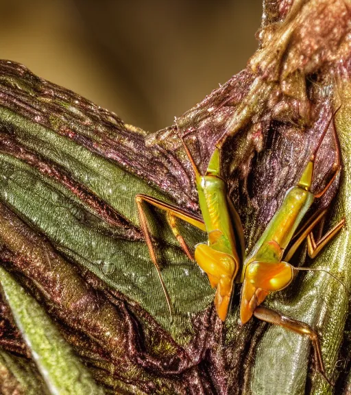 Image similar to super macro photo of a golden iridescent praying mantis on a flower in a forest. dof. bokeh. magical atmosphere. art by greg rutkowski. lifelike. very detailed 8 k. intricate. soft light. nikon d 8 5 0.