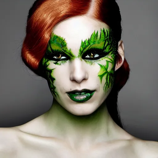 Image similar to A beautiful portrait of alicja tubilewicz smiling as Poison Ivy from Batman as a Versace fashion model Spring/Summer 2010, highly detailed, in the style of cinematic, Getty images, Milan fashion week backstage, Extreme close up, Makeup by Pat McGrath, Hair by Guido Palau, Greg rutkowski