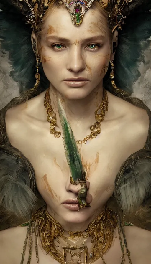 Image similar to epic masterpiece portrait of a queen with a goblet, on the battlefield, tribe makeup and jewelry, sweaty skin, hyperrealistic, octane render, cinematic, followed by heads with many faces, beautiful face and flawless skin, perfect hands, emeralds by Edgar Maxence and Ross Tran and Michael Whelan, Legends of Runeterra