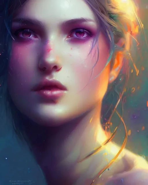 Image similar to beautiful girl portrait by greg rutkowski and charlie bowater, vivid, artgerm, aesthetic, fine details, colorful swirls, gaudy colors, luminescent, organic matte painting, realistic eyes, masterpiece, busy background, bokeh, depth of field