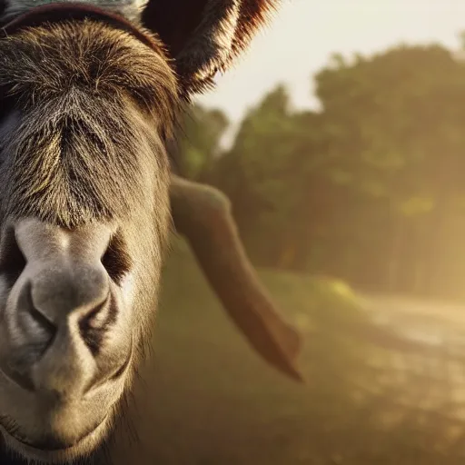 Image similar to hyperrealistic dslr film still of funny donkey smiling, stunning 8 k octane comprehensive 3 d render, inspired by istvan sandorfi & greg rutkowski & unreal engine, perfect symmetry, dim volumetric cinematic lighting, extremely hyper - detailed, extremely lifelike attributes & lifelike texture, intricate, masterpiece, artstation, stunning