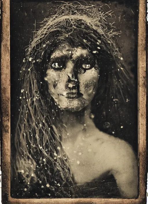 Image similar to old wetplate daguerreotype portrait of the werewolf woman, explosion of data fragments, fractal, intricate, elegant, highly detailed, parallax, leica, medium format, subsurface scattering, by jheronimus bosch and greg rutkowski and louis jacques mande daguerre