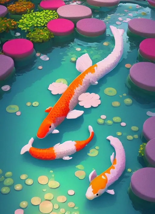 Image similar to pastel cute voxel art of a koi pond, behance, artstation, cute, Japanese, 3d render, unity, beautiful lighting, extremely beautiful, Huang Guangjian and Gil Elvgren and Sachin Teng , Greg Manchess