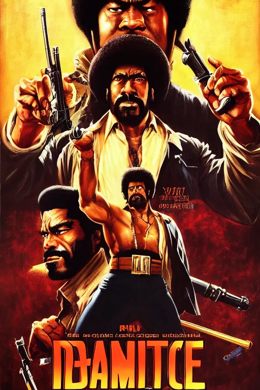 Prompt: Movie poster of Black Dynamite, Highly Detailed, Dramatic, eye-catching, A masterpiece of storytelling, by frank frazetta, ilya repin, 8k, hd, high resolution print