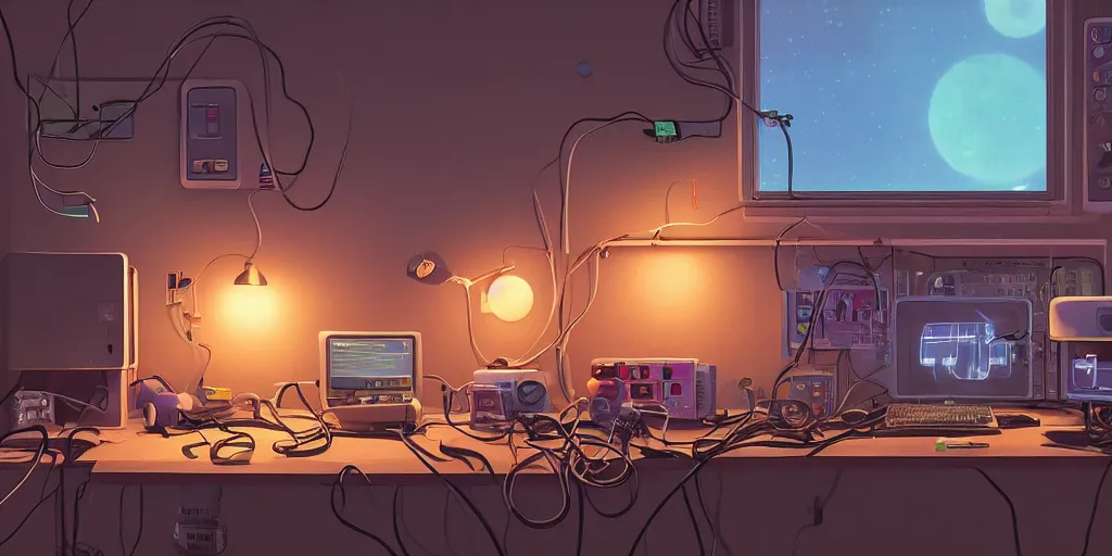 Prompt: cozy 9 0 s bedroom retrofuturism, cluttered, wires everywhere, computer, window, at night, lit only by the luminescent computer screen, dramatic lighting, alien technology, detailed by simon stalenhag