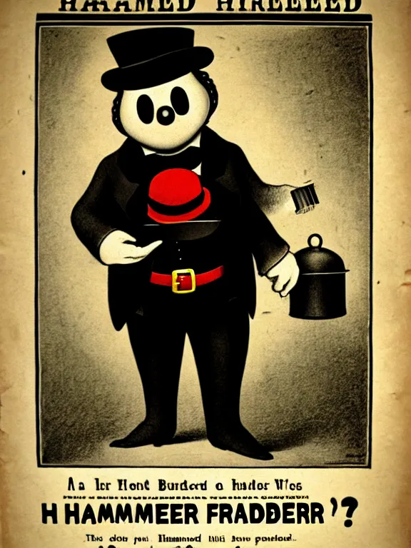 Prompt: a wanted poster for the hamburglar, 1 8 7 6