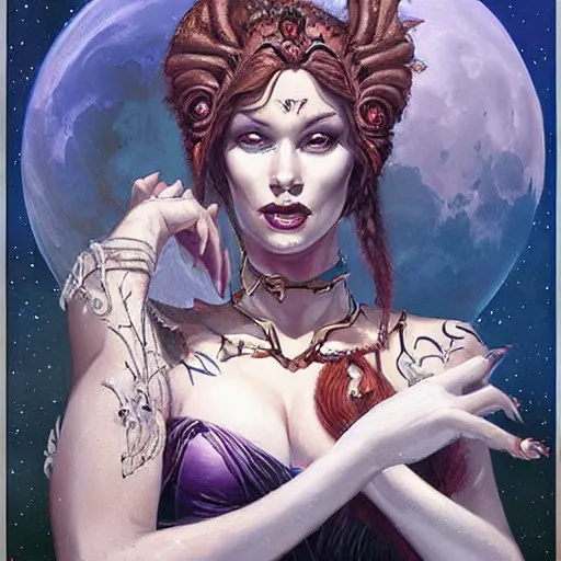 Image similar to portrait of princess of the dreamlands and moon beast, beautiful! coherent! by brom, deep colors, strong lines, high contrast