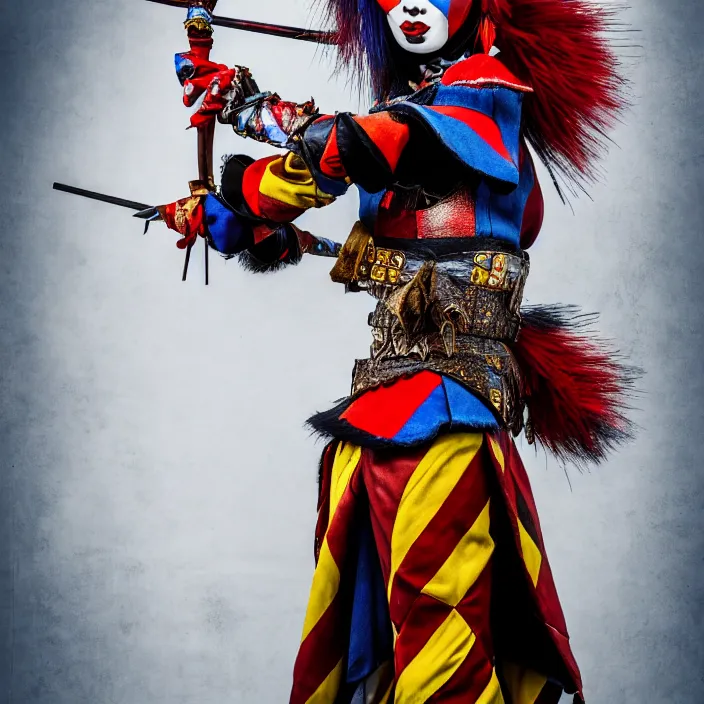 Image similar to full body photo of a real - life beautiful harlequin warrior, 8 k, hdr, smooth, sharp focus, high resolution, award - winning photo