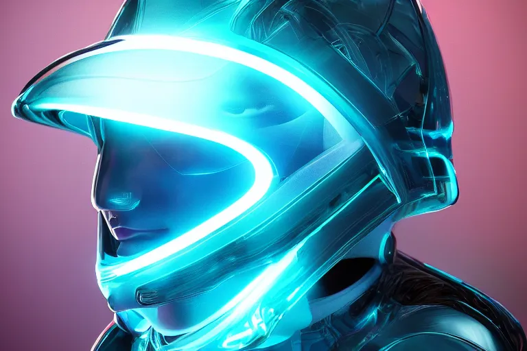 Prompt: futuristic translucent fluid aquamarine cyber helmet visor, intricate, glowing, eyecandy, colorful, 3 d, octane render, photorealistic, modern, warp,