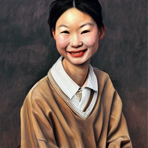 Image similar to high quality high detail painting by lucian freud, hd, smiling cute chineese girl portrait, photorealistic lighting