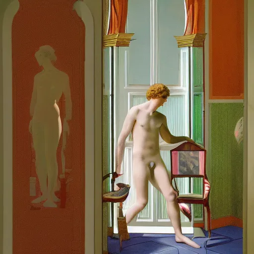 Prompt: a glass figure in a liminal room, film still by wes anderson, depicted by canova, limited color palette, very intricate, art nouveau, highly detailed, lights by hopper, soft pastel colors, minimalist