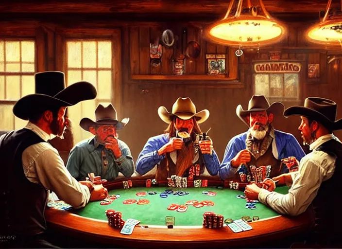 Image similar to cowboys playing poker in a saloon, by Mandy Jurgens, trending on artstation, Richard Schmid and norman rockwell