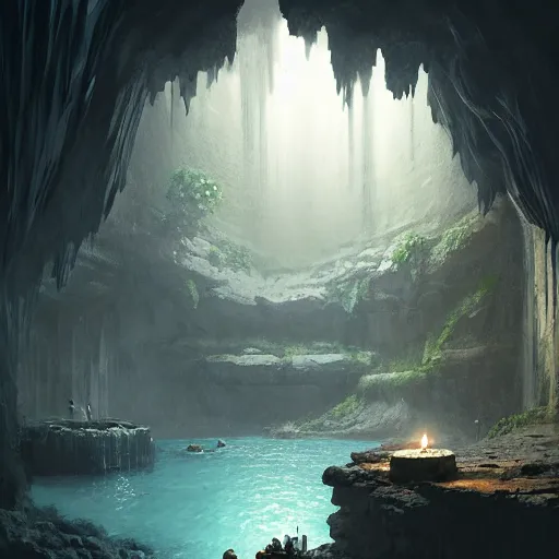 Image similar to cozy, empty bathhouse hidden in a cave, candlelight, towels, cushions, natural light, lush plants and flowers, elegant, smooth cave rock, fantasy, atmospheric lighting, digital painting, Greg Rutkowski concept art