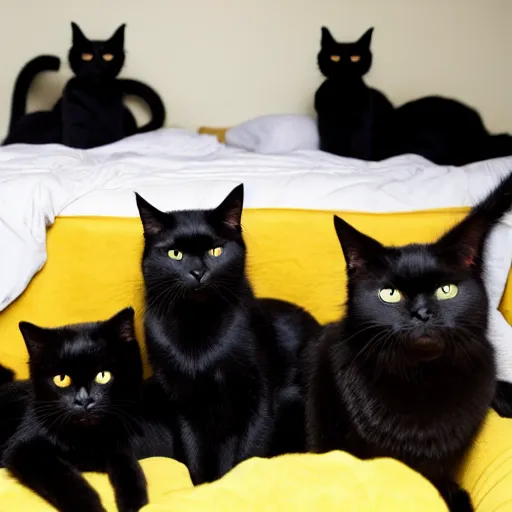 Prompt: photo of a group of black cats with large buggy yellow eyes, sitting on a bed