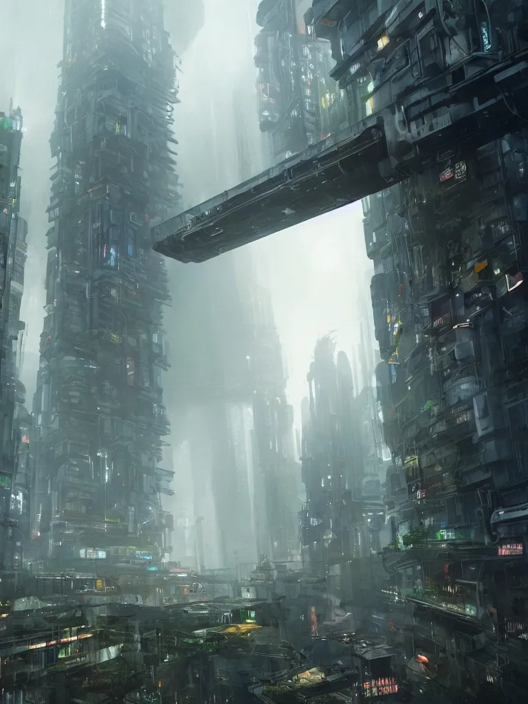 Image similar to farmer at his futuristic vertical farm growing food in a cyberpunk high rise in blade runner, 3 point perspective, atmospheric, morning light, foggy, ultra - hd, ultra - realistic