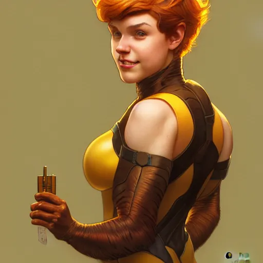 Image similar to Full-Body Portrait of Squirrel Girl, cosplay, Marvel, fantasy, intricate, elegant, highly detailed, nature, yellow mist, digital painting, artstation, concept art, matte, sharp focus, illustration, art by Artgerm and Greg Rutkowski and Alphonse Mucha