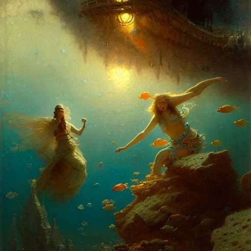 Image similar to i am at the bottom of the ocean looking up, see fishes swimming, the milk way up above, night time, midnight. highly detailed painting by gaston bussiere, greg rutkowski 8 k