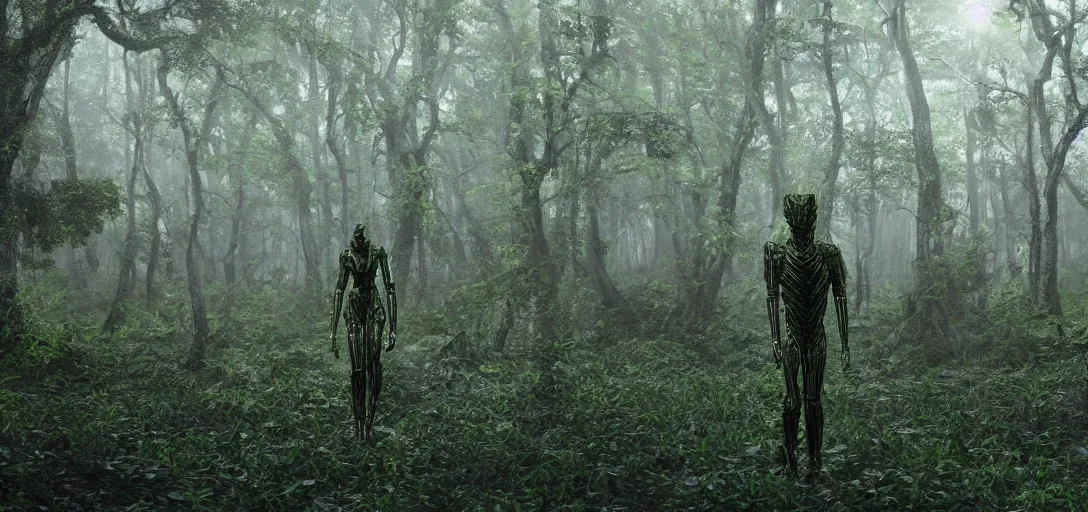 Image similar to a complex organic fractal 3 d metallic symbiotic ceramic humanoid megastructure creature in a swampy lush forest, foggy, cinematic shot, photo still from movie by denis villeneuve, 9 0 s anime by junji ito