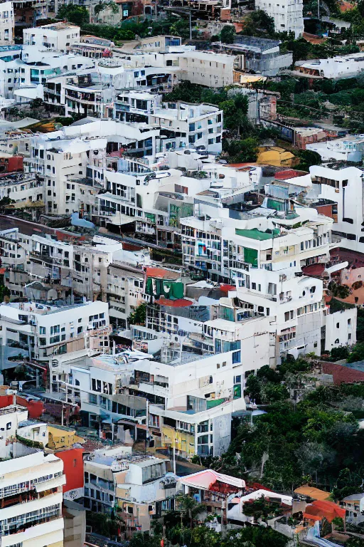 Image similar to buliding design by ricardo bofil, function is school ， people take pohto at the roof ， dusk seaside ， photography ， 8 k