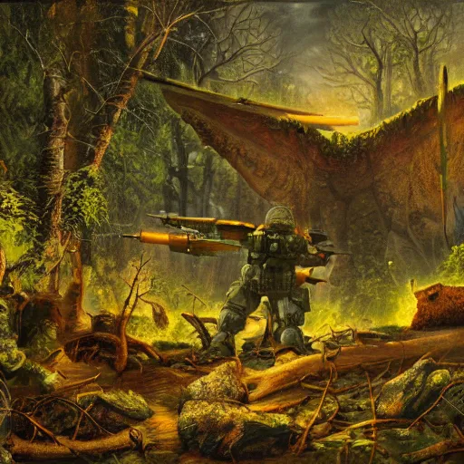 Image similar to high-tech military squad tracking a monster through a dark forest, oil painting, high detail, technical