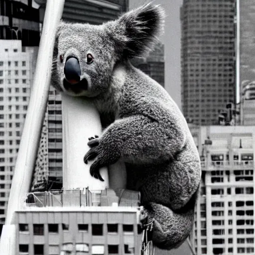 Image similar to epic real life scene of a giant koala attacking melbourne in 1 9 9 7