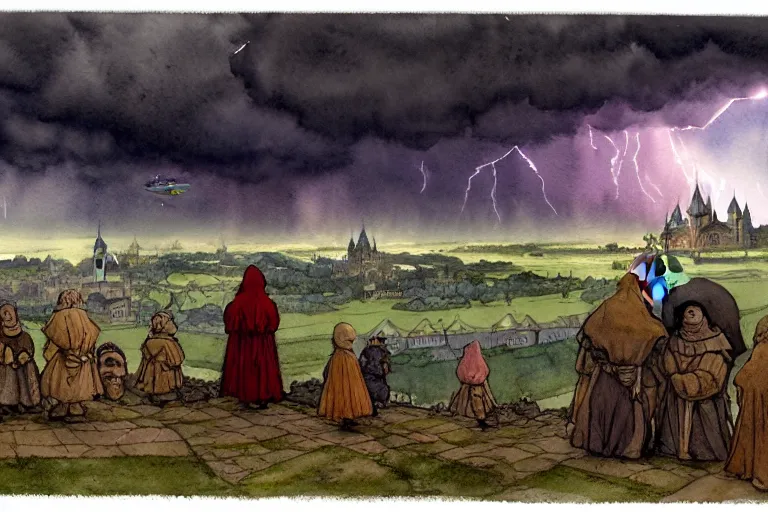 Image similar to a hyperrealist watercolor concept art of dozens of alien ufos in the sky above a medieval city during a thunderstorm. a dirty medieval peasant child is in the foreground. very muted colors, by rebecca guay, michael kaluta, charles vess. high detail, hq, wide shot, 4 k