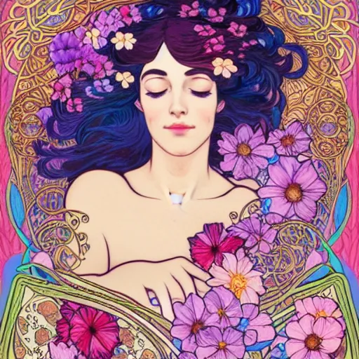 Image similar to a woman sleeping in the middle of flowers, confident pose, intricate, elegant, illustration, sensual, highly detailed, concept art, impressionist, art nouveau, trending on artstation, lisa frank, alfons mucha