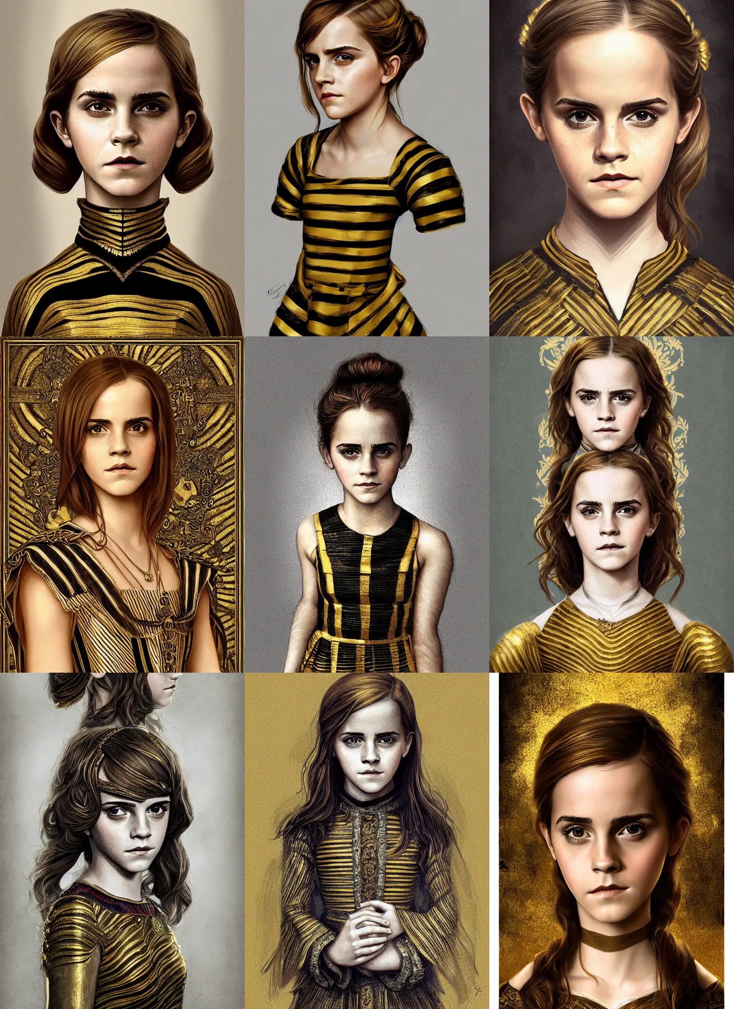 Prompt: emma watson symmetrical portrait as 1 0 yo renaissance princess, golden and black bee stripes dress, intricate, elegant, highly detailed, digital painting, artstation, concept art, sharp focus, illustration, art by aleksi briclot, rutkowski