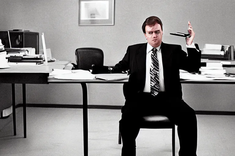 Prompt: cinematic film still from 1994 film: portly clean-shaven white man wearing suit and necktie at his desk. He has his right foot propped up on his desk. XF IQ4, f/1.4, ISO 200, 1/160s, 8K, RAW, dramatic lighting, symmetrical balance, in-frame