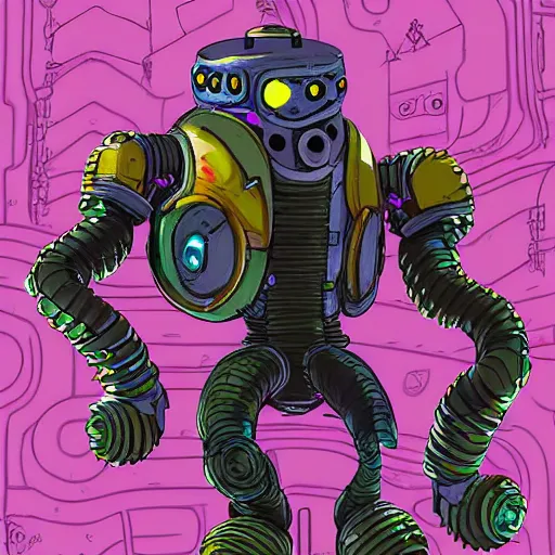 Image similar to official character sheets for an old eel biomech suit, digital 2 d screen robot face, wearing an oversized sweater, covered in coral, art by tim schafer black velvetopia art for psychonauts from double fine studios, art by splatoon from nintendo, black light rave, adult character, apocalypse