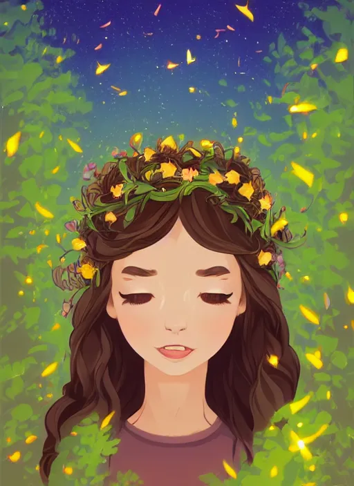 Prompt: little girl with wavy curly light brown hair chasing fireflies in the woods. wearing a flower crown. clean cel shaded vector art. shutterstock. behance hd by lois van baarle, artgerm, helen huang, by makoto shinkai and ilya kuvshinov, rossdraws, illustration, art by ilya kuvshinov