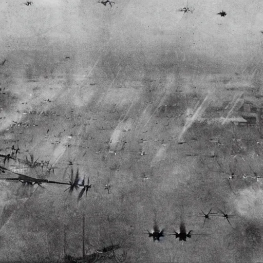 Prompt: grainy 1800s photo of flying machines engaged in an aerial battle over a city