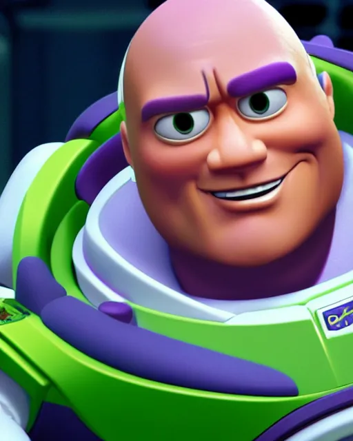 Image similar to Film still close-up shot of Dwayne Johnson as Buzz Lightyear in the movie Toy Story 3. Photographic, photography