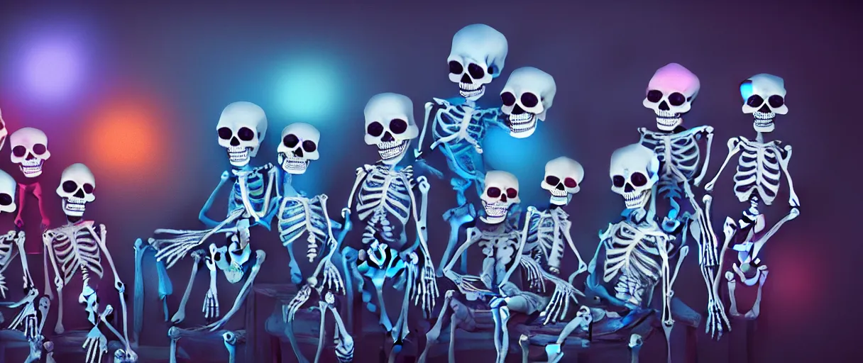 Image similar to hyperrealistic very cute multicolored skeletons mixing bones jason limon concept art dramatic blue lighting wide angle hd 8k sharp shallow depth of field