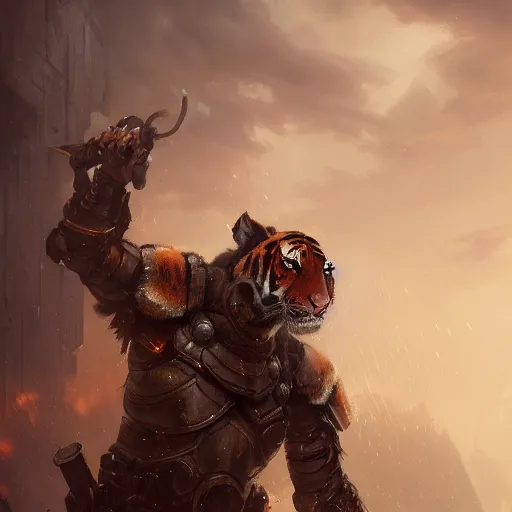 Image similar to commission portrait of a male anthro tiger wearing heavy combat armour.dramatic,character design by charles bowater,greg rutkowski,ross tran,hyperdetailed,hyperrealistic,4k,deviantart,artstation,professional photography,concept art