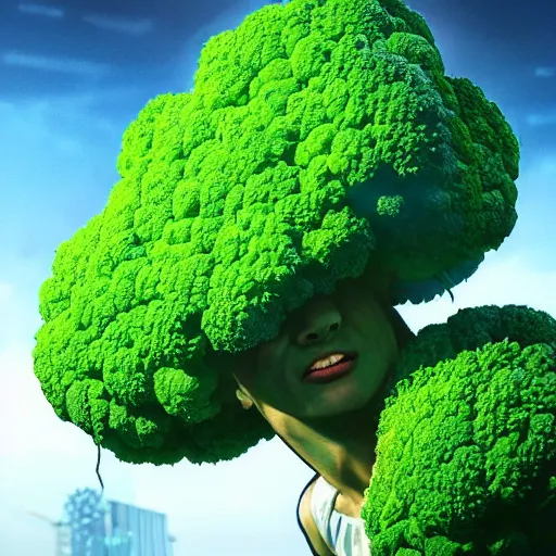 Image similar to A striking epic hyper real comic book style portait painting of a cute happy broccoli, heart shapes in the sky, D&D Concept Art, unreal 5, DAZ, Apex legends concept art, hyperrealistic, octane render, cosplay, RPG portrait, dynamic lighting