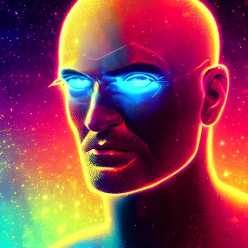 Prompt: portrait of a bald man, synthwave, universe background, nebula, galaxy, artstation