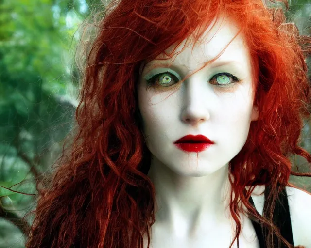 Image similar to award winning 5 5 mm close up face portrait photo of an anesthetic and beautiful redhead vampire lady who looks directly at the camera with bloodred wavy hair, intricate eyes that look like gems, and long fangs, in a park by luis royo. rule of thirds.