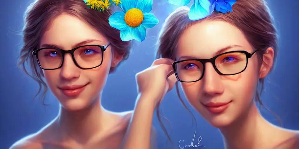 Image similar to epic professional digital art of a smiling bread toast wearing 👓 and a blue flower, best on artstation, cgsociety, wlop, cosmic, epic, stunning, gorgeous, much detail, much wow, masterpiece, backlight