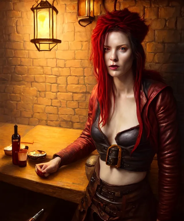 Image similar to hyperrealistic mixed media painting of a beautiful grinning charasmatic female rogue, dimly lit cozy tavern, crimson leather tunic, confident relaxed pose, d&d, stunning 3d render inspired art by Tim Okamura and Lise Deharme + perfect facial symmetry + dim volumetric lighting, 8k octane beautifully detailed render, post-processing, extremely hyperdetailed, intricate, epic composition, grim yet sparkling atmosphere, cinematic lighting + masterpiece, trending on artstation, very very detailed, masterpiece, stunning