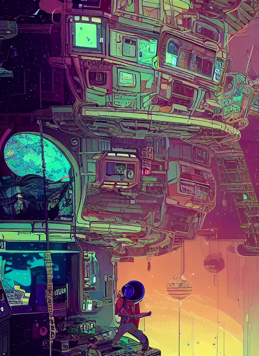 Image similar to explorer with cyberpunk headpiece playing video games in his treehouse, highly detailed, 4 k, midnight, by victo ngai and james gilleard, moebius, laurie greasley, adventure time colour palette