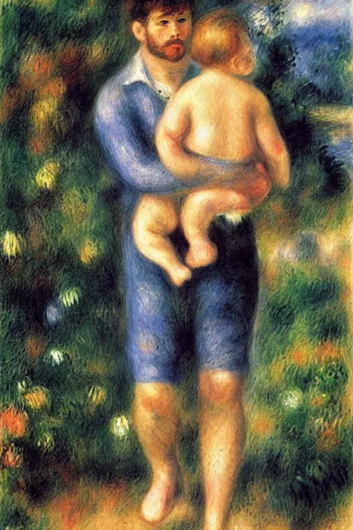 Image similar to a man holding his child over his shoulders walking near the beach, anatomically correct, painting by renoir, masterpiece