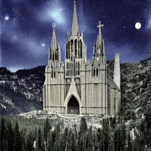 Prompt: a large cathedral on a mountain. other worldly, dream like, surreal, grainy.