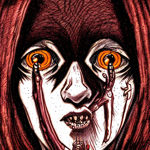 Image similar to a dark brown humanoid, hyper detailed, in the style of junji ito and and junji ito and junji ito, selfie