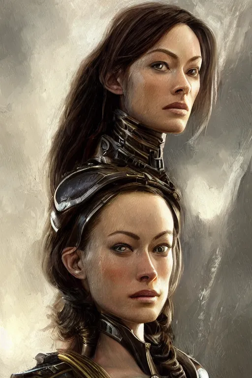 Image similar to a professional painting of a young Olivia Wilde, clothes in military armor, olive skin, long dark hair, beautiful bone structure, symmetrical facial features, intricate, elegant, digital painting, concept art, smooth, sharp focus, illustration, from StarCraft by Ruan Jia and Mandy Jurgens and Artgerm and William-Adolphe Bouguerea