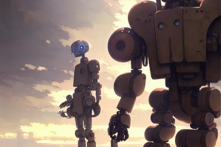 Image similar to dieselpunk, hugh humanoid robot, painted by greg rutkowski makoto shinkai takashi takeuchi studio ghibli, akihiko yoshida